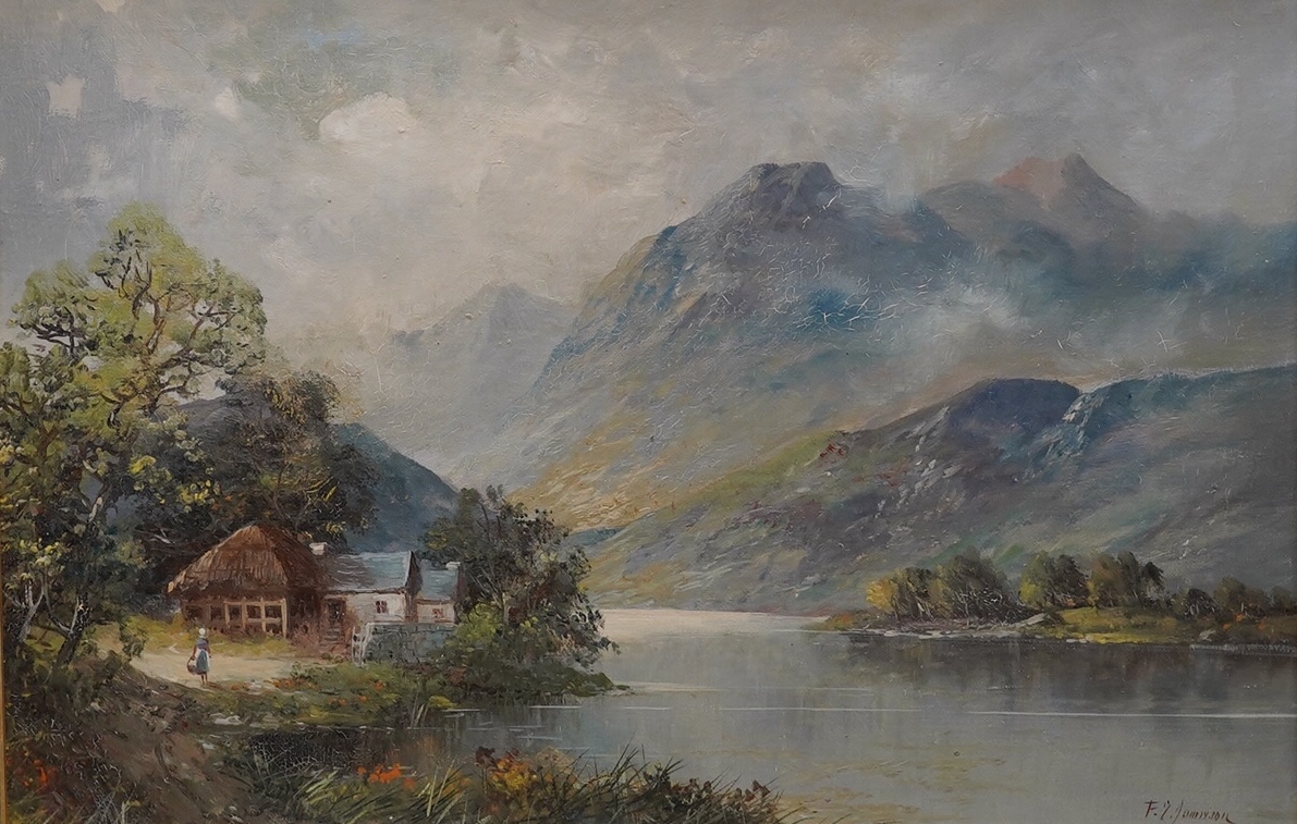 Francis E. Jamieson (1895-1950), oil on board, Scottish highland landscape, signed, 39 x 59cm. gilt framed. Condition - fair, craquelure throughout